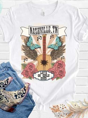 Women's Country Music Lets Go Girls Nashville Printed Casual Tee