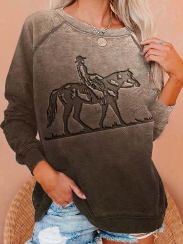 Horse Print Crew Neck Long Sleeve Sweatshirt