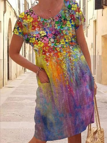 Women's Spring Summer Vacation Oil Painting Flower Cotton Linen Loose Dress