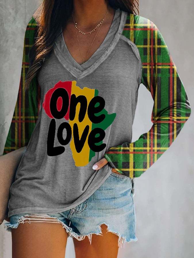One Love Plaid Print Long-Sleeve V-Neck Print T-Shirt
