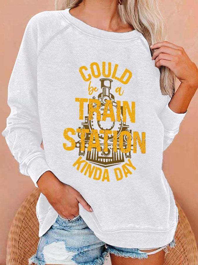 Women's Could Be A Train Station Kinda Day Print Casual Crewneck Sweatshirt