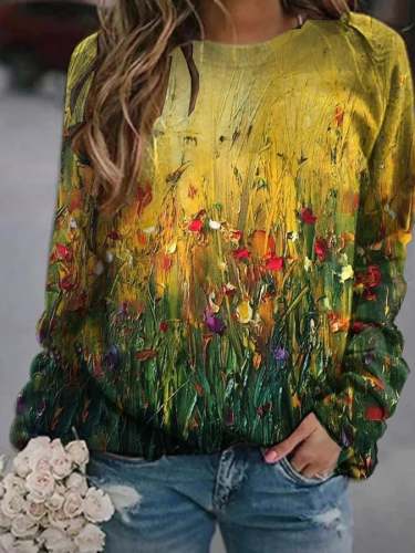 Women's Oil Painting Floral Print Crew Neck Long Sleeve Sweatshirt