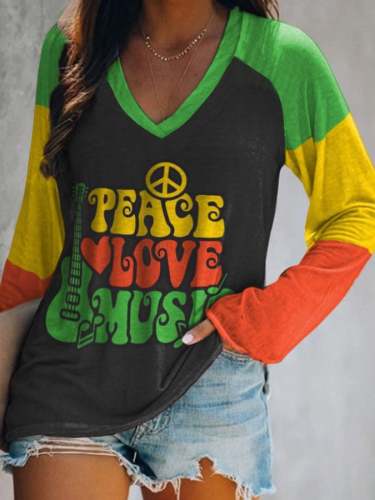 Peace Love Music Print Long-Sleeve V-Neck T-Shirt