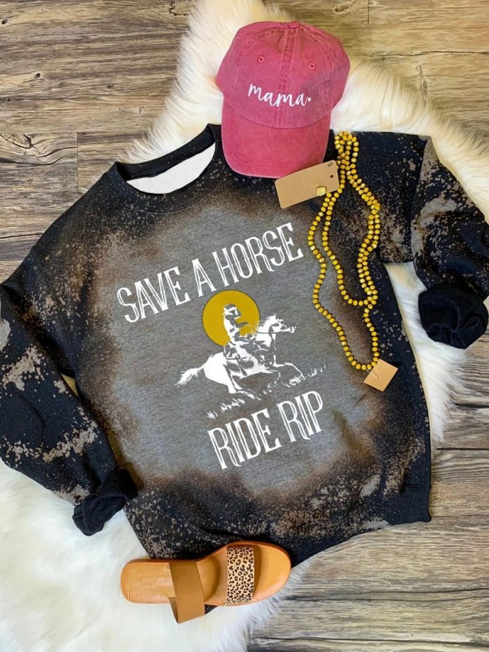 Women's Western Save A Horse Ride Rip Denim Tie Dye Print Sweatshirt