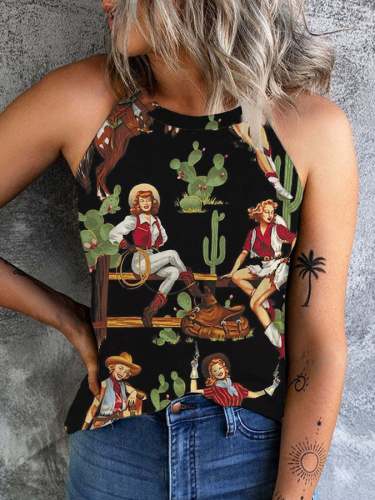 Women's Vintage Western Cowgirls Cowboy Print Vest