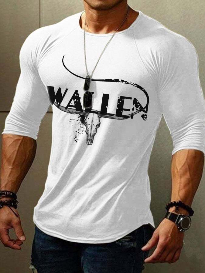 Men's Wallen Western Bull Skull Print Long Sleeve T-Shirt