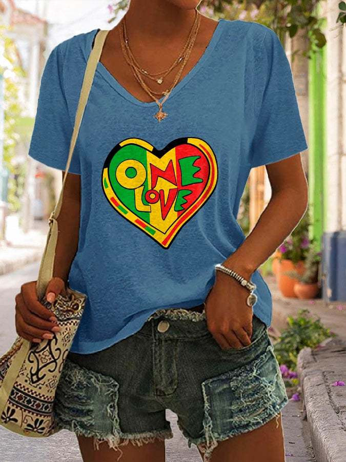 One Love Rasta Heart Print V-Neck T-Shirt