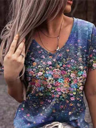 Women's Floral Print Casual V-Neck Tee
