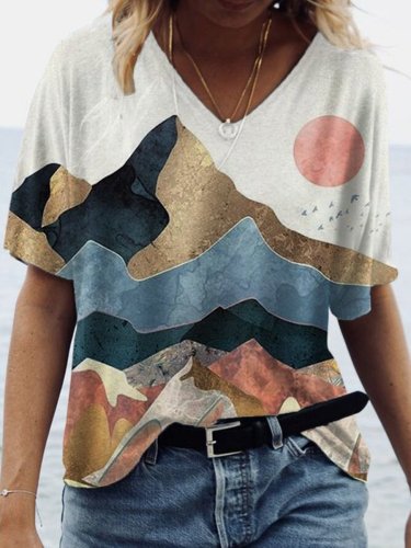 Women's Abstract Print Loose V-Neck Short Sleeve T-Shirt