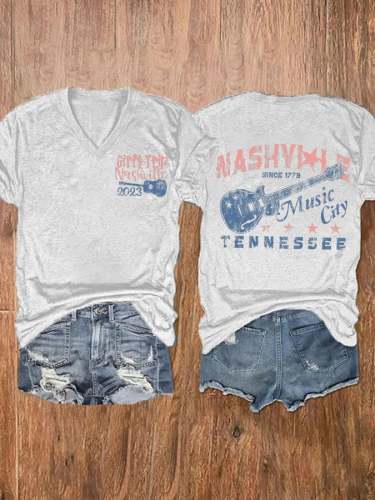 V-neck Retro 2023 Girls Trip Nashville Tennessee Guitar Print T-Shirt
