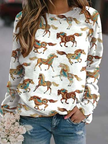 Vintage Western Geometric Horse Print Sweatshirt