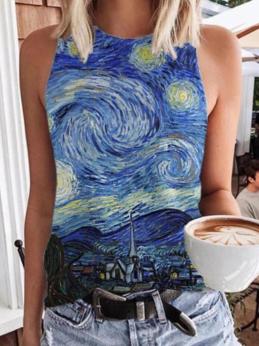 Women's The Starry Night Oil Painting Print Sleeveless Tee