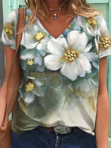 V-Neck Floral Oil Painting T-Shirt