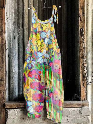 Women's Spring Summer Vacation Oil Painting Flowers Cotton Linen Loose Casual Overalls