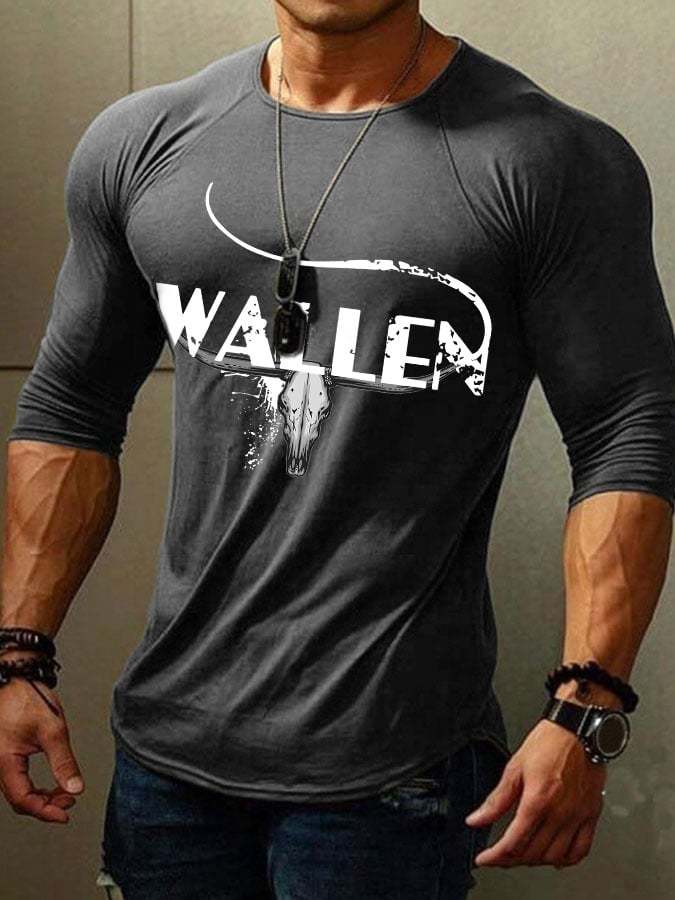 Men's Wallen Western Bull Skull Print Long Sleeve T-Shirt
