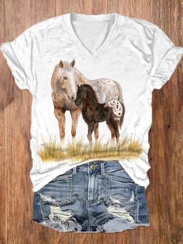 Women's Horse Mom And Baby Print V-Neck Tee
