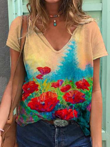 Women's Poppy Art Oil Painting Print T-Shirt