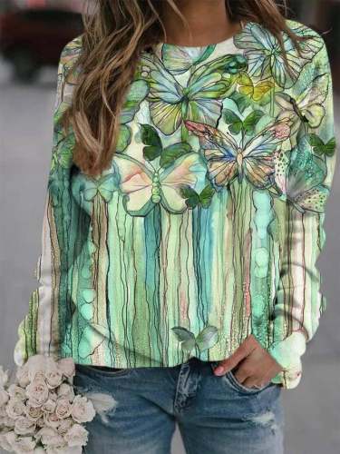 Women's Fashion Art Butterfly Print Round Neck Long Sleeve Sweatshirt