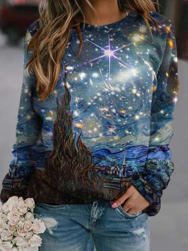 Casual Crew Neck Oil Painting & Space Image Print T-Shirt