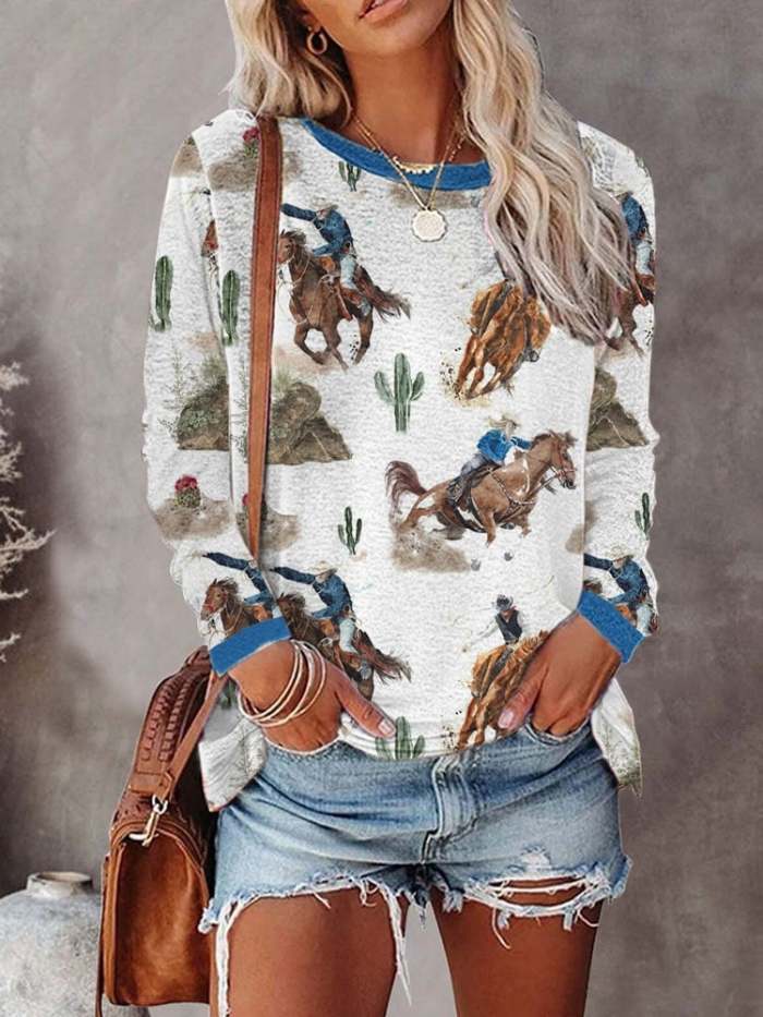 Women's Vintage Western Cowgirls Cowboys Print Sweatshirt