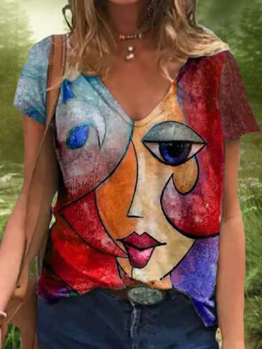 Women's Oil Painting Printed Short Sleeve T-shirt