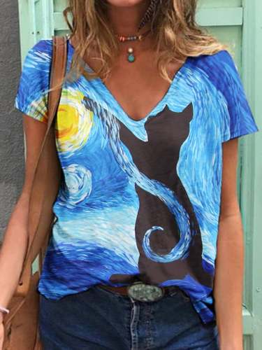 Women's "Starry Cat" Print V Neck T-shirt