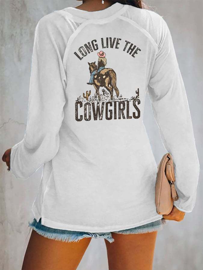 Women's Long Live The Cowgirls Western Print V-Neck Long Sleeve T-Shirt