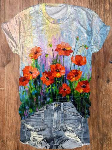 Women's Poppy Floral Oil Painting Print Crew Neck T-shirt
