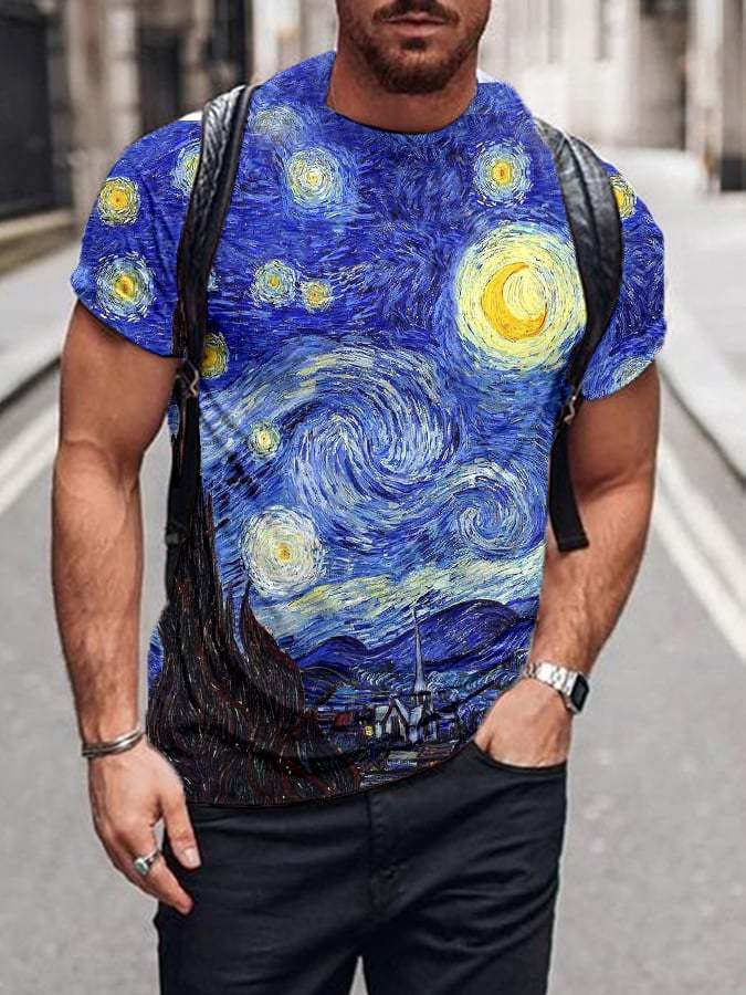 Men's Van Gogh Oil Painting Starry Sky Print Short Sleeve T-Shirt