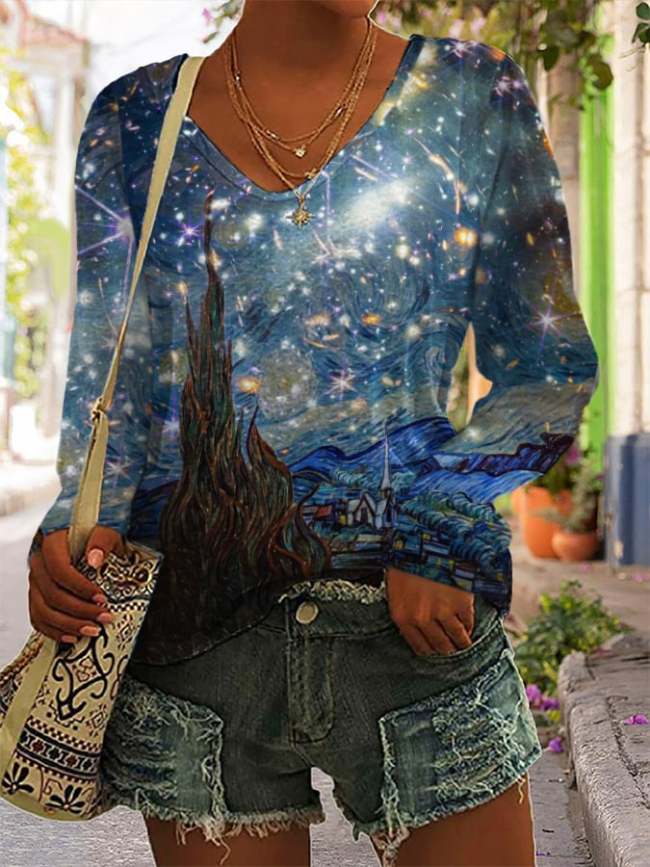 Oil Painting & Space Image Print Long Sleeve T-Shirt