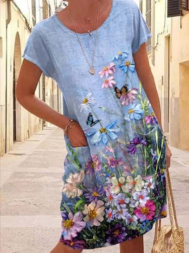 Women's Cotton Linen Oil Painting Printed O-neck Dress