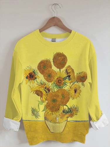 Women's Vintage Oil Sunflowers Print Sweatshirt