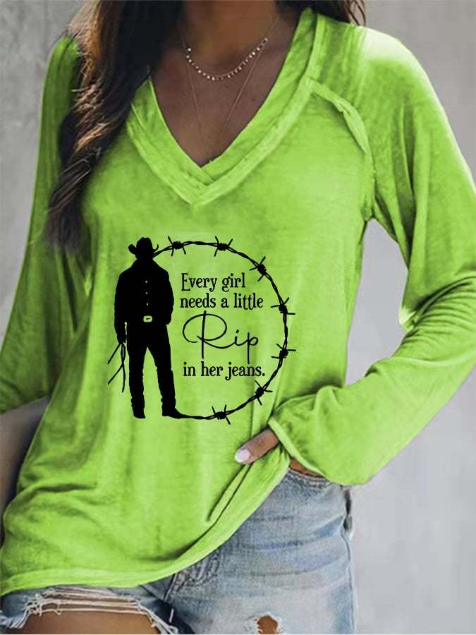Women's EVERY GIRL NEEDS A LITTLE RIP IN HER JESNS V-Neck Long Sleeve T-Shirt