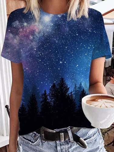Women's Treetop Starry Sky Print Casual T-Shirt