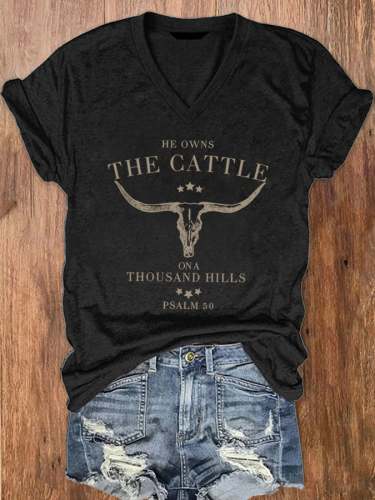 Women's He Owns The Cattle On A Thousand Hills Psalm 50 Print V-Neck T-Shirt
