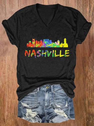 V-neck Retro Nashville Print T-Shirt