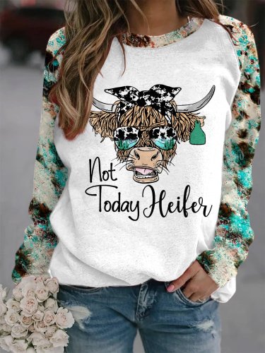 Women's Highland Cow Not Today Heifer Print Casual Crewneck Sweatshirt