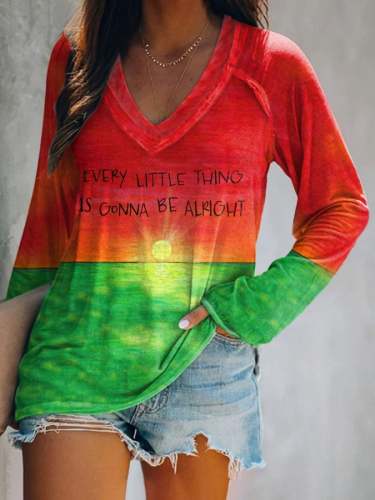 Colorful Music Print Long Sleeve V-Neck T-Shirt