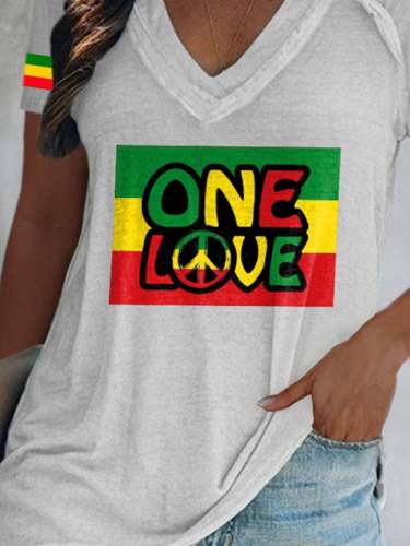 V-neck Reggae One Love Peace Print T-Shirt