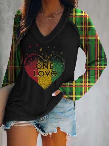 One Love Plaid Print Long-Sleeve V-Neck Print T-Shirt