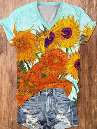 Women's Van Gogh Sunflower Oil Painting Short Sleeve V-Neck T-Shirt