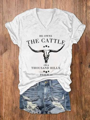 Women's He Owns The Cattle On A Thousand Hills Psalm 50 Print V-Neck T-Shirt