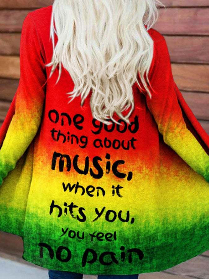 Reggae Style One Good Thing About Music, When It Hits You, You Feel No Pain Print Long Sleeve Cardigan