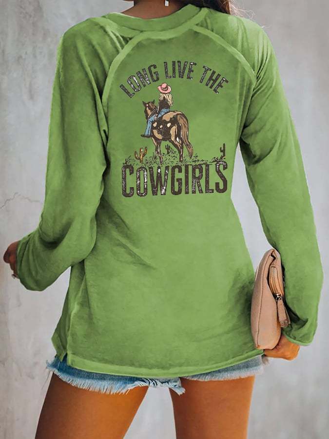Women's Long Live The Cowgirls Western Print V-Neck Long Sleeve T-Shirt