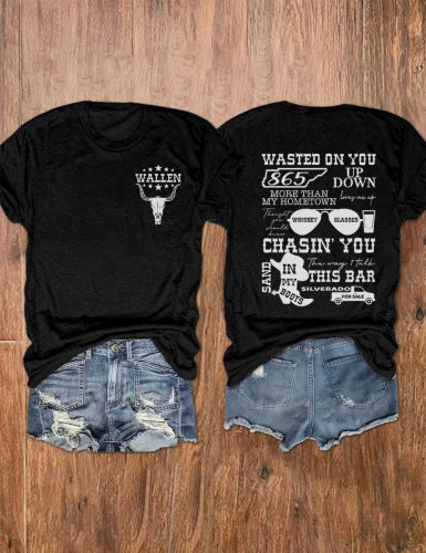 Women's Wallen Wasted On You Shirt Country Music Print Crew Neck T-Shirt