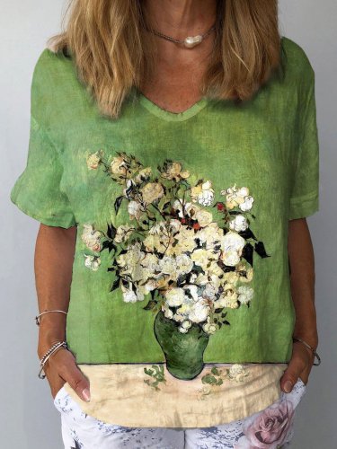 Women's Flowers Oil Painting Print Cotton Linen Shirt