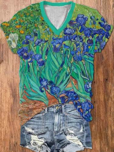 Women's Van Gogh Iris Oil Painting V-Neck Short Sleeve T-Shirt