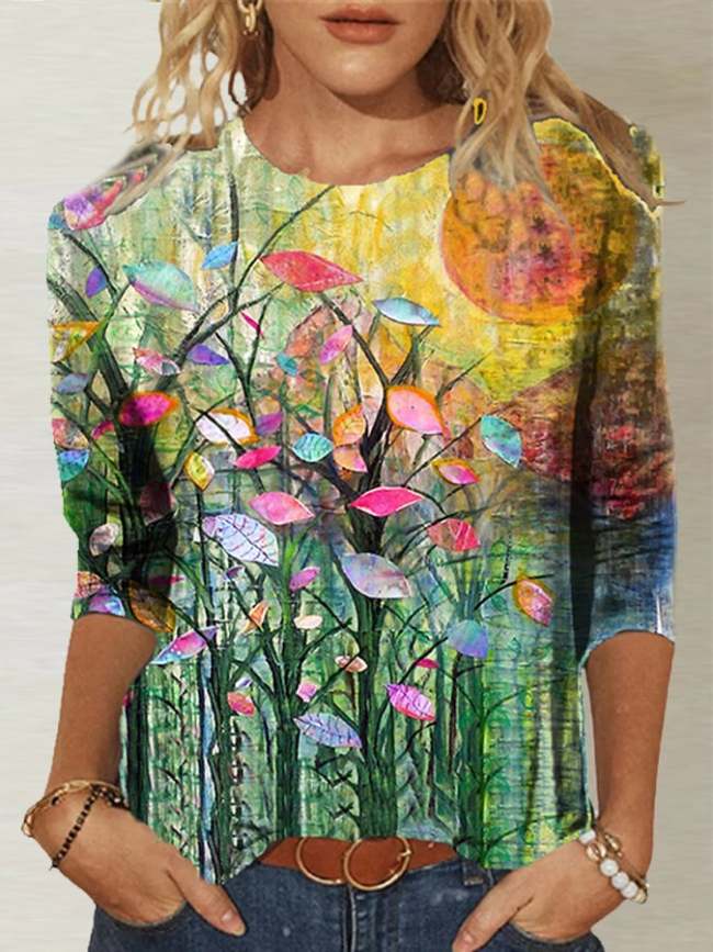 Women's Oil Painting Flower Print Crew Neck Long Sleeve T-Shirt