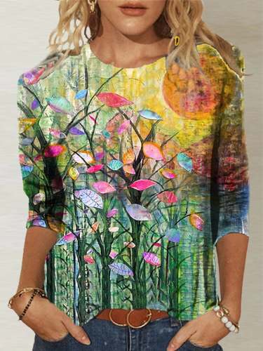 Women's Oil Painting Flower Print Crew Neck Long Sleeve T-Shirt