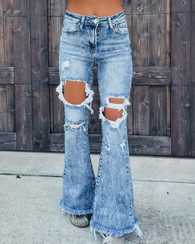 Women's Ripped Jeans Tassel Trail Cowgirl Distressed Flare Jeans